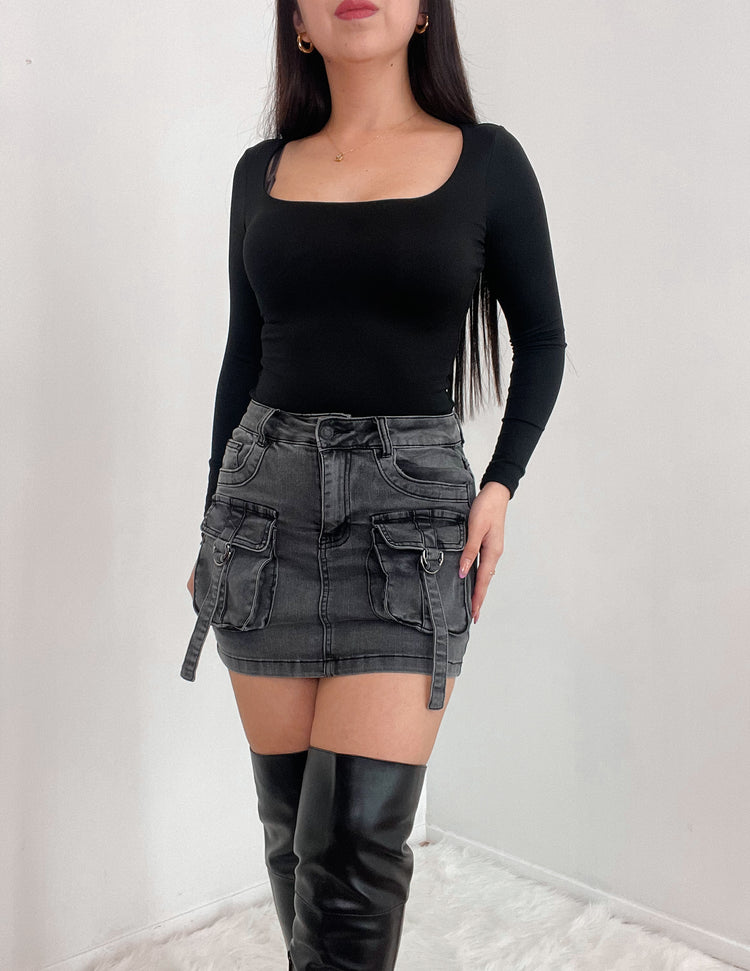 It Girl Denim Cargo Skirt In The Color Black