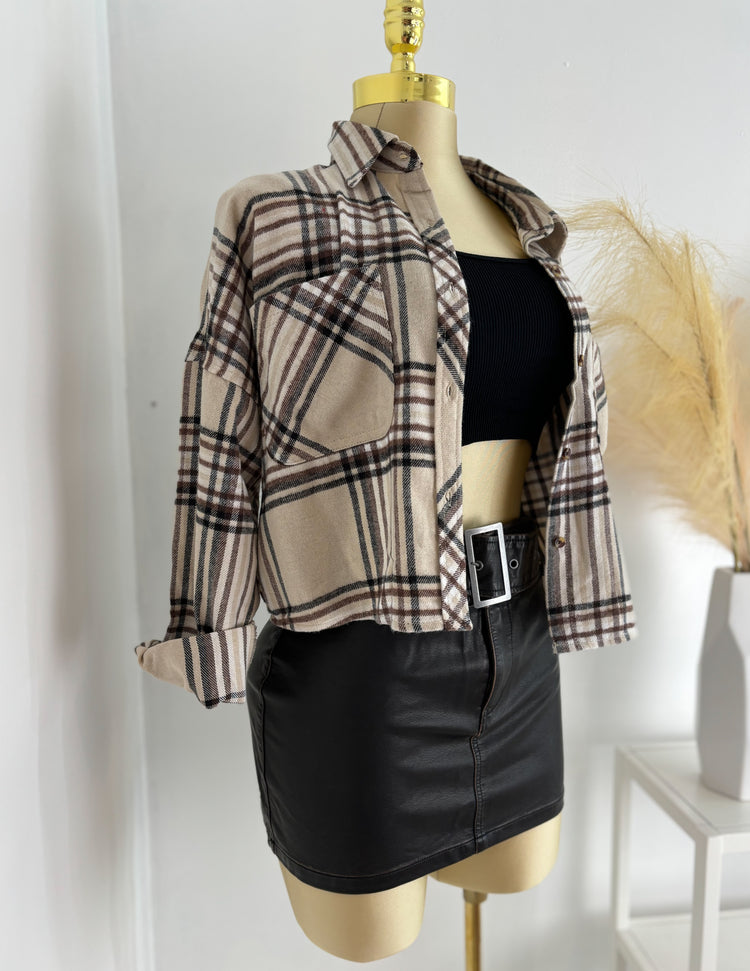 Cropped Fall Flannel Top In Creme