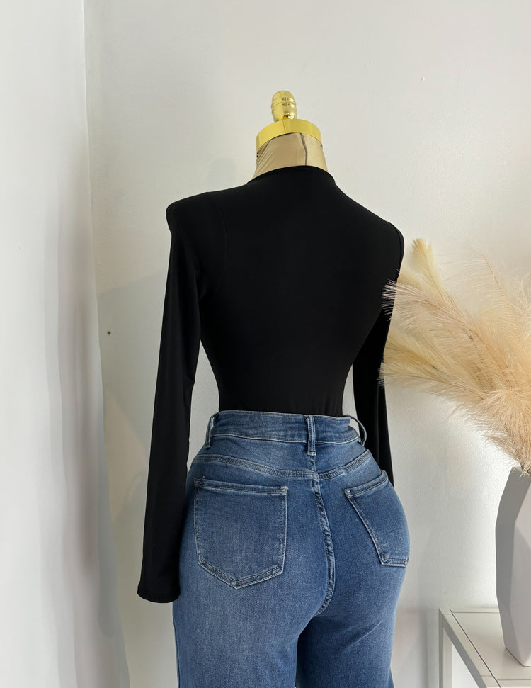 Double Layered Long Sleeve Bodysuit Black