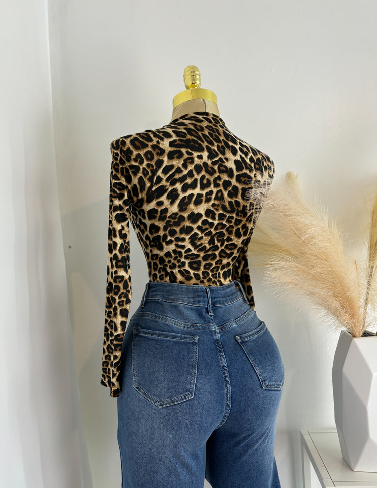 Double Layered Long Sleeve Bodysuit Cheetah Print