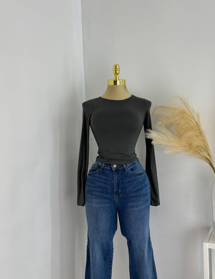 Double Layered Long Sleeve Top In Charcoal