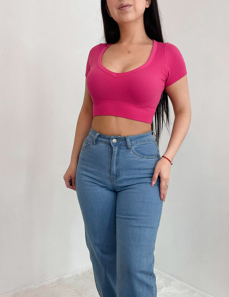 Everyday Ribbed Crop Top In Hot Pink