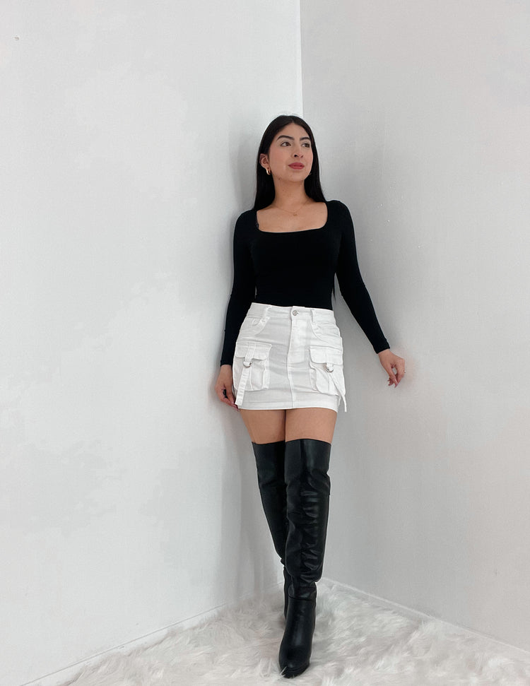 It Girl Denim Cargo Skirt In The Color White