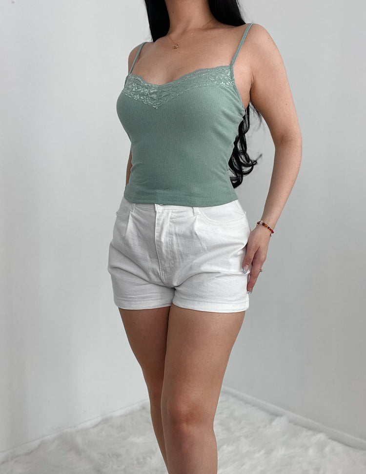 Lace Detail Ribbed Tank Top In Green