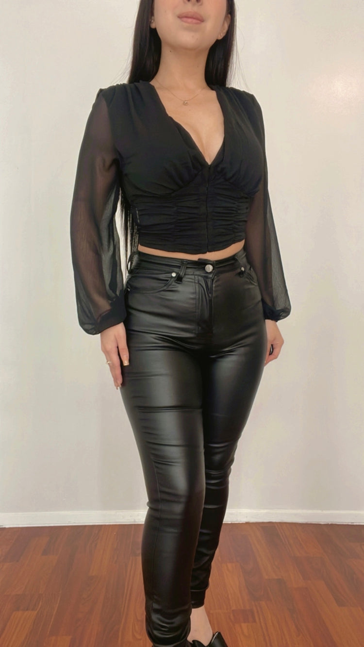 Long Sleeve Corset Top In Black