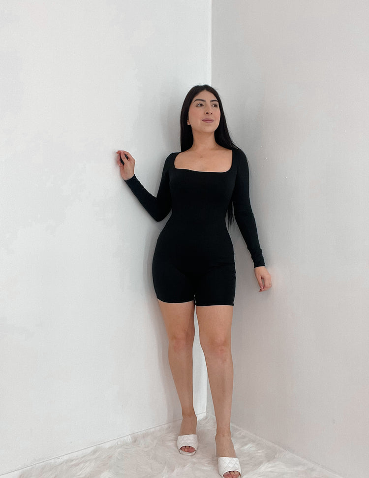 Long Sleeve Double Lined Romper In Black