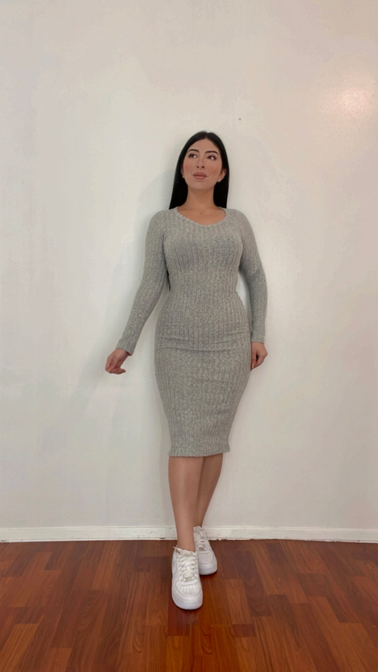 Long V-Neck Dress In Color Grey