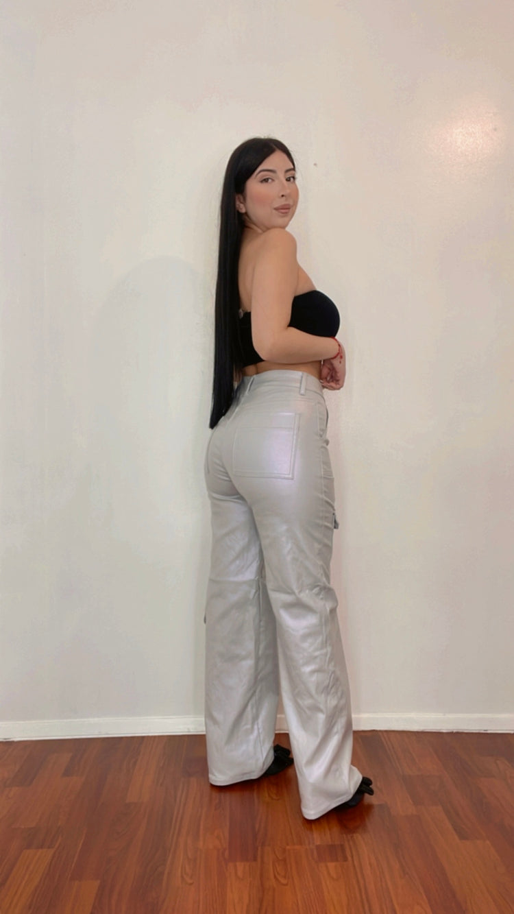 Metalic Cargo Pants In Light Grey