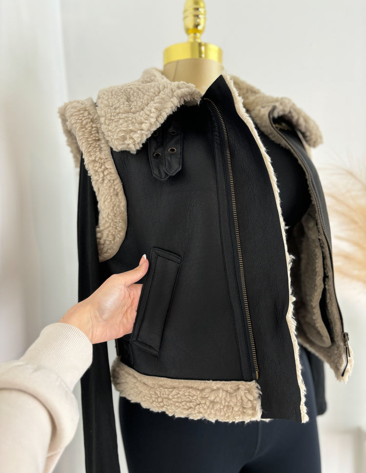Molly Faux Leather Sherpa Vest In Black