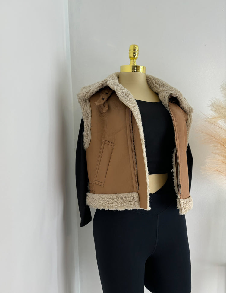Molly Faux Leather Sherpa Vest In Camel