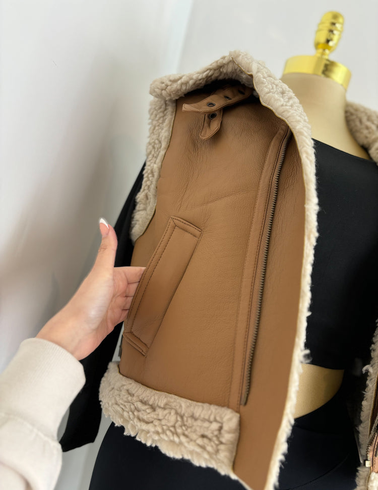 Molly Faux Leather Sherpa Vest In Camel
