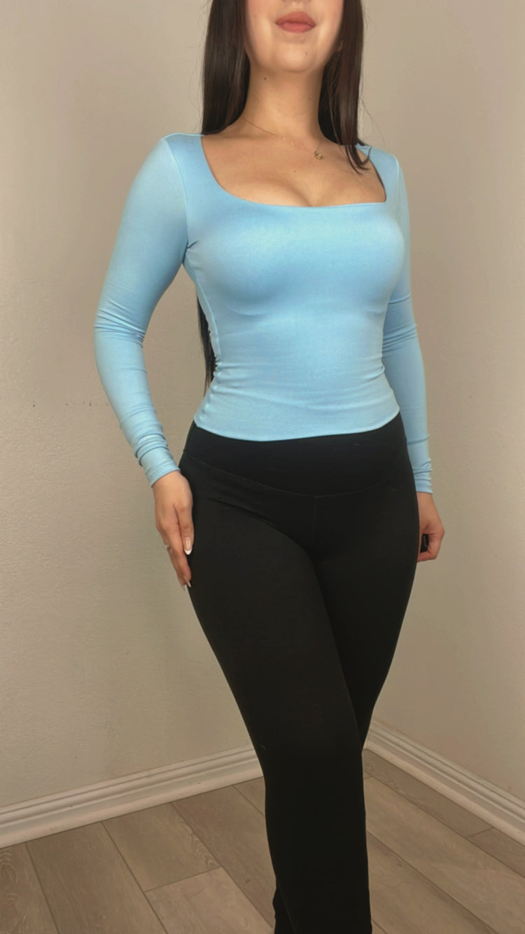 Slimming Double Layered Long Sleeve Top In Sky Blue