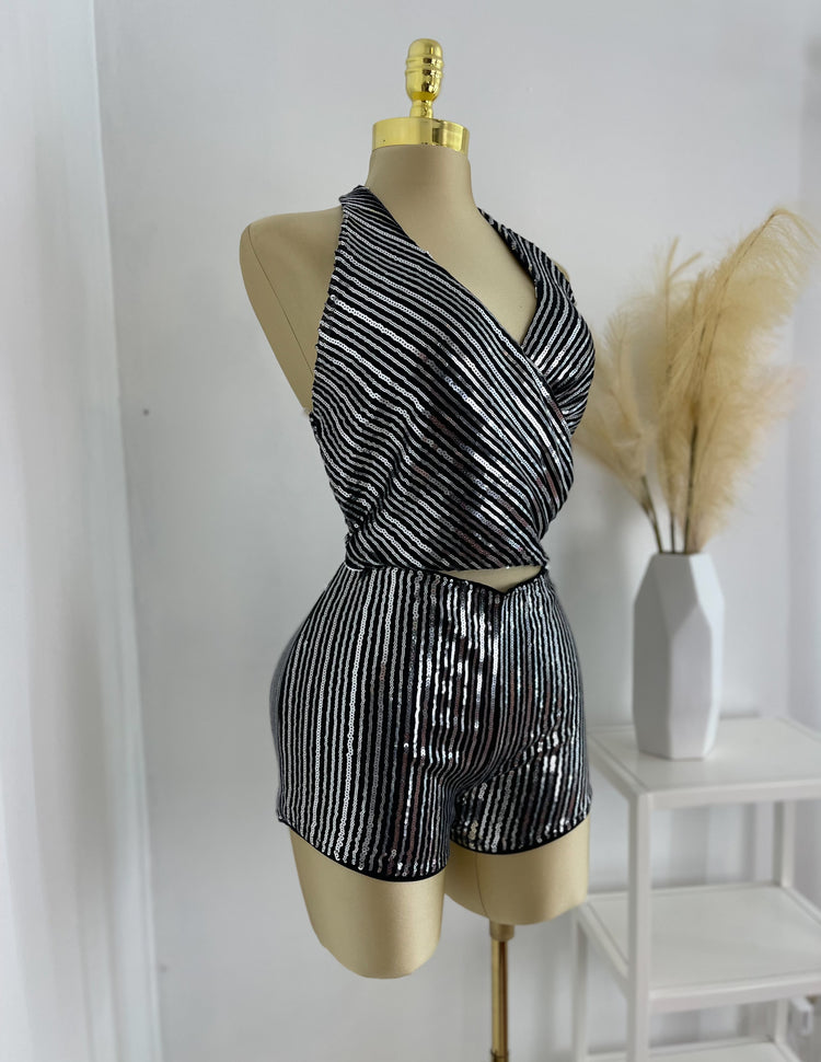 Sparkly Sequin Short and Top Set In Color Black Silver
