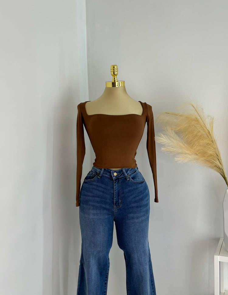 Square Neck Double Layered Long Sleeve Top In Mocha