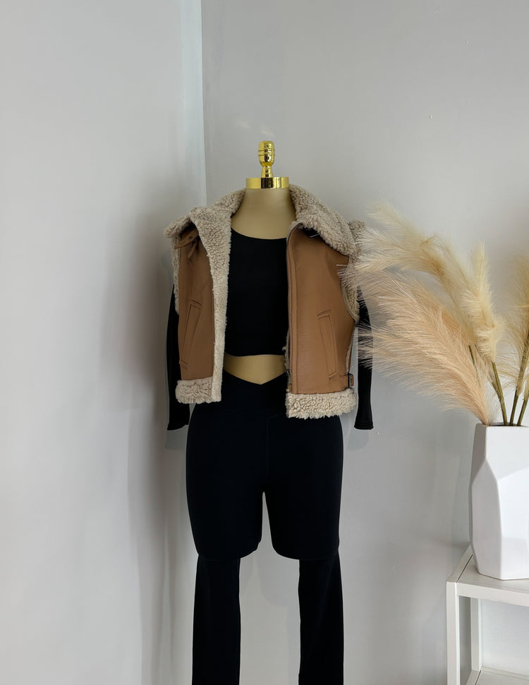 Molly Faux Leather Sherpa Vest In Camel