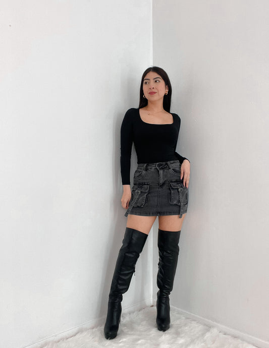 It Girl Denim Cargo Skirt  In The Color Black