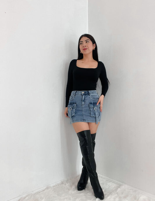 It Girl Denim Cargo Skirt  In The Color Blue