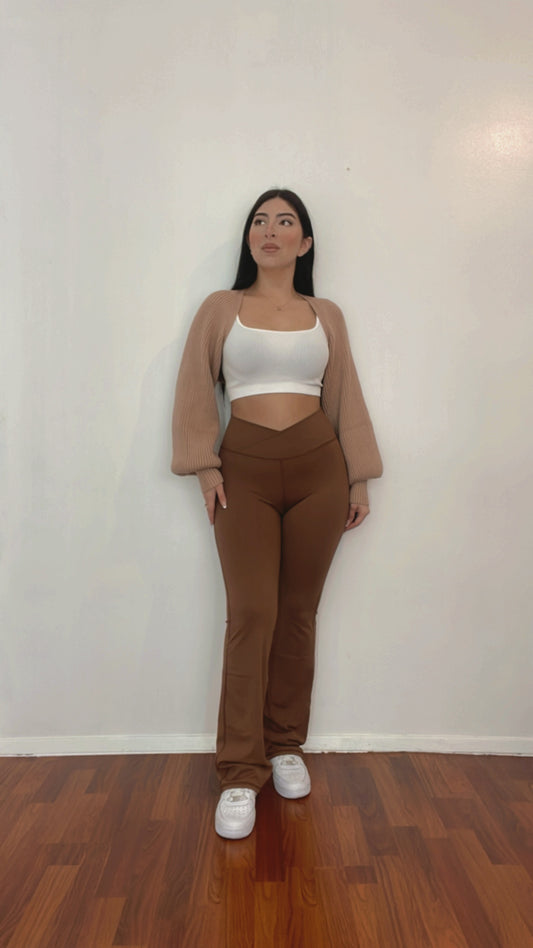 Cross Over Flared Leggings In Brown