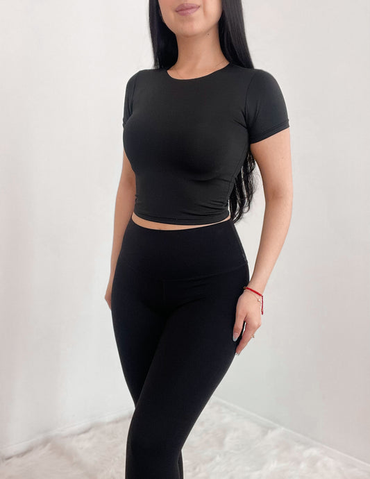 Double Layered Top Round Neck  In The Color BLACK
