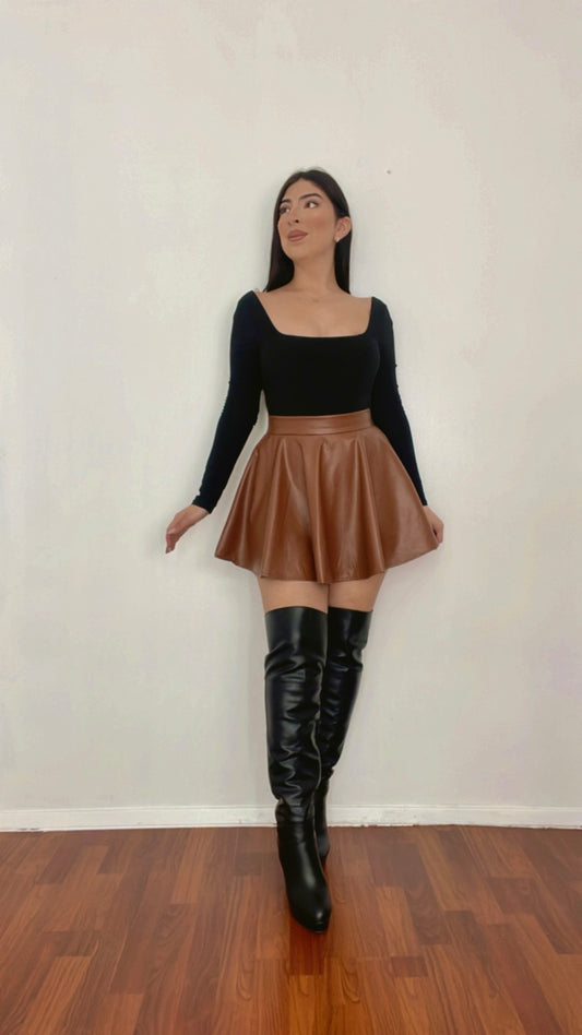 Faux Leather High Waist Flare Skirt In Camel