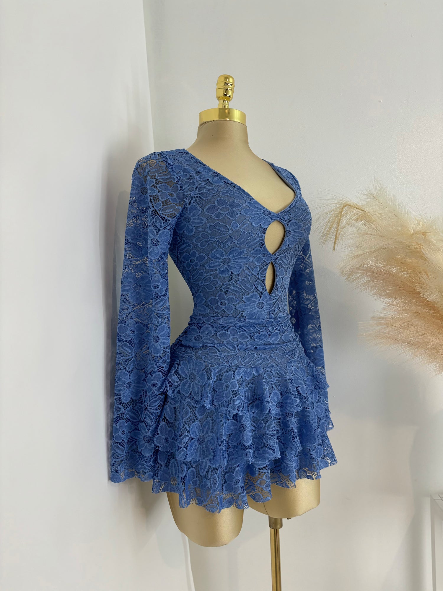 blue lace romper dress Blue Lace Maxi Romper with Sleeves and Slits