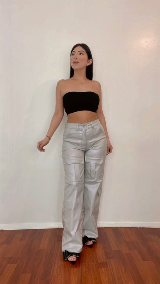Metalic Cargo Pants In Light Grey
