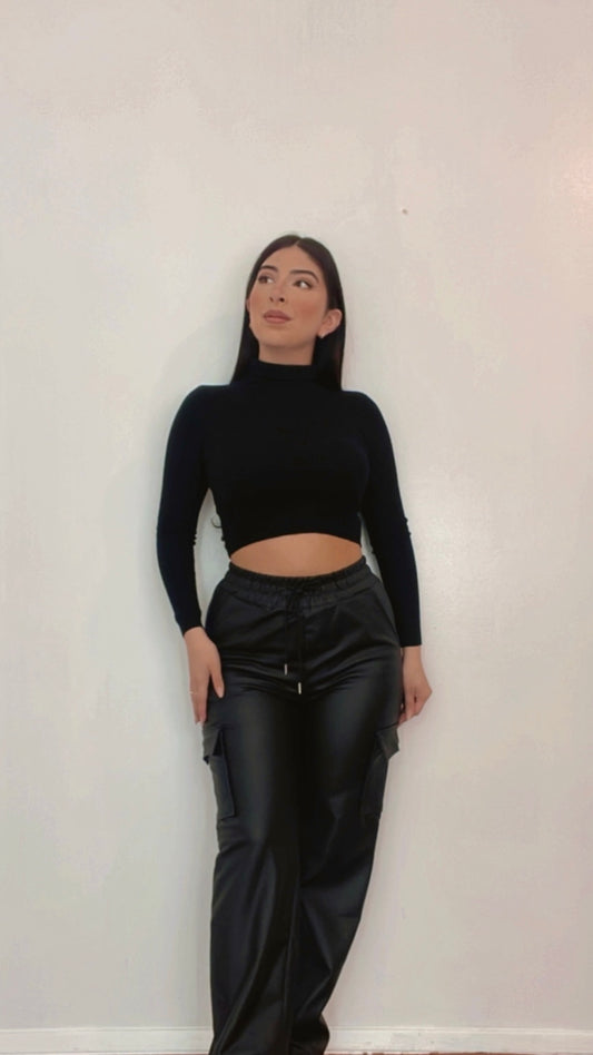 Ribbed Turtle Neck Crop Top In Black