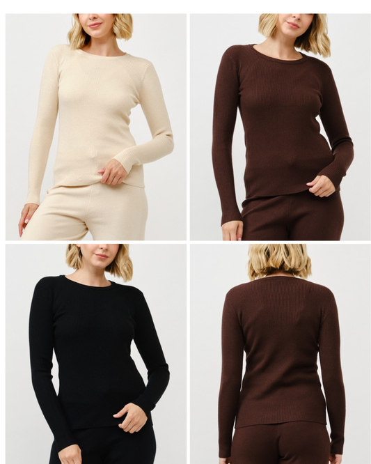 Round Neck Ribbed Long Sleeve Top