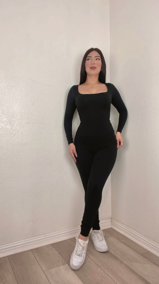 Slimming Double Layered Long Sleeve Top In Black