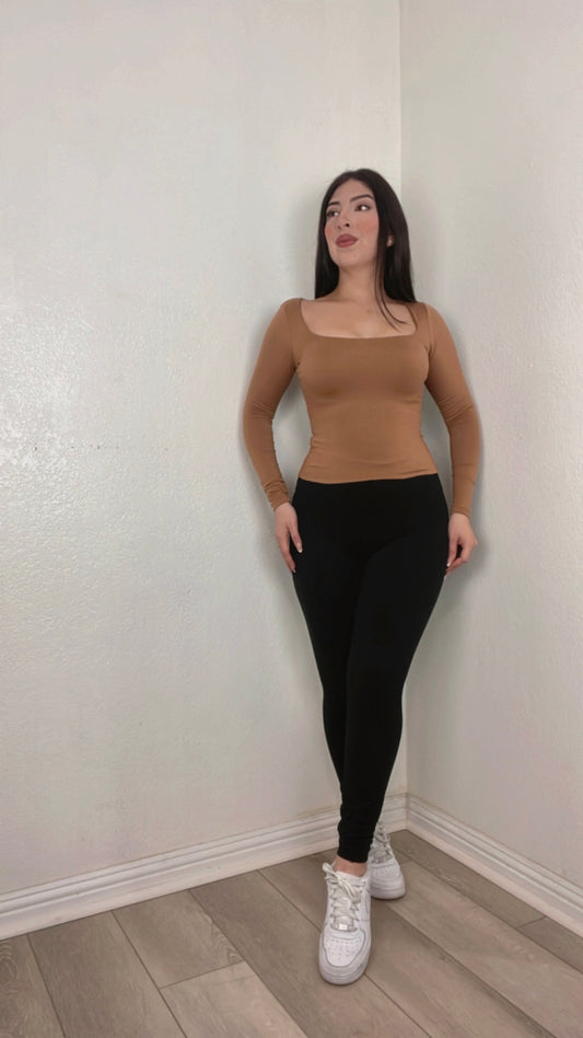 Slimming Double Layered Long Sleeve Top In Mocha