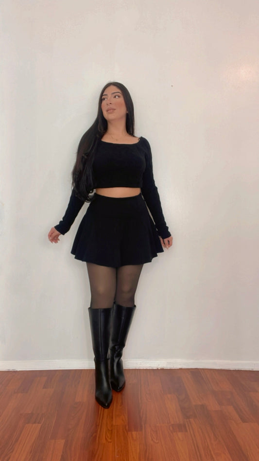 Solid High Waist Flare Skirt In Black