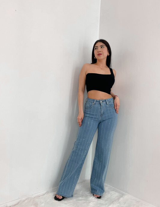 Sparkly Rhinestone Straight Leg Jeans Med Wash